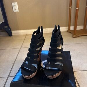 G by Guess Black Strappy Heels with Brown Sole